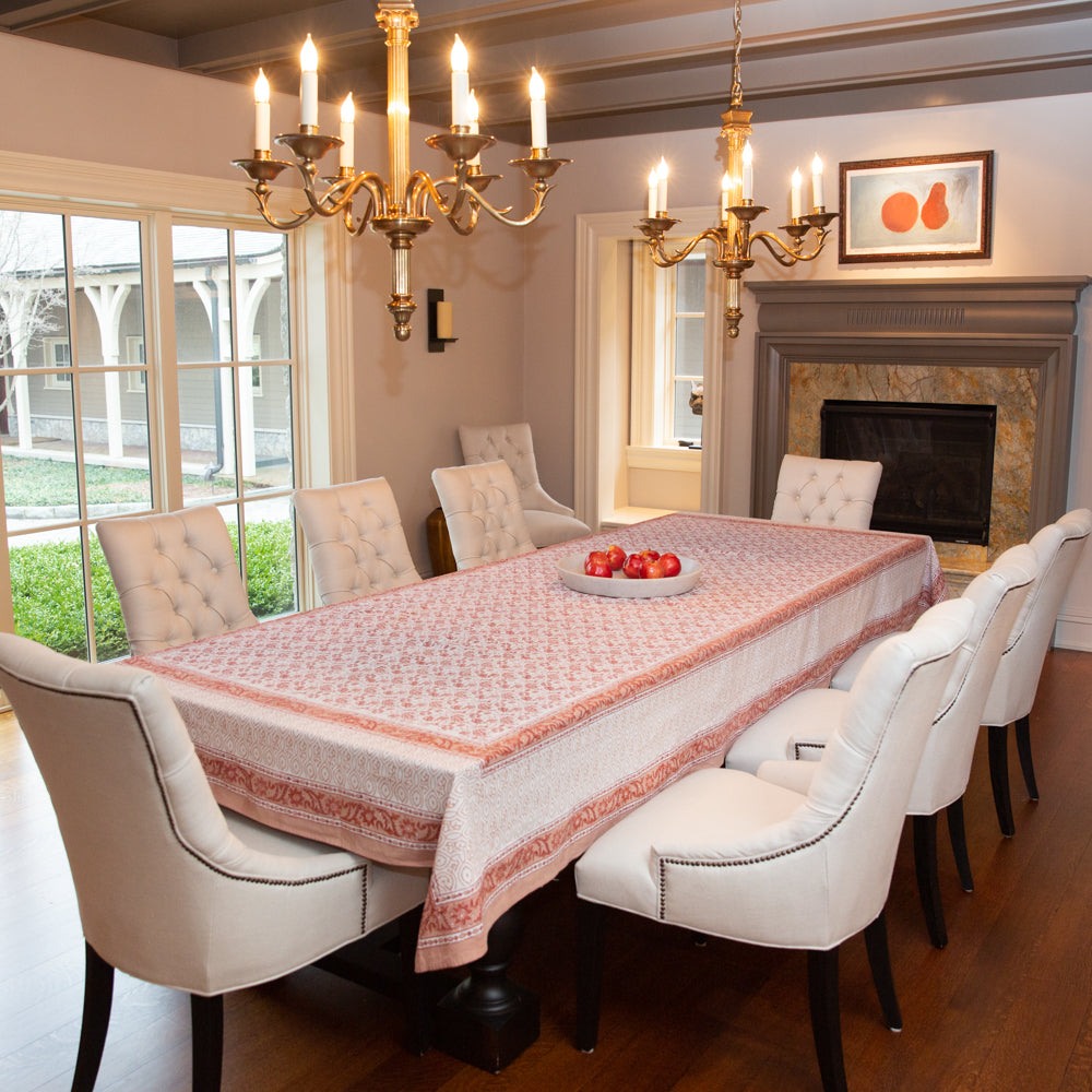 Coral Red Block Printed Tablecloth