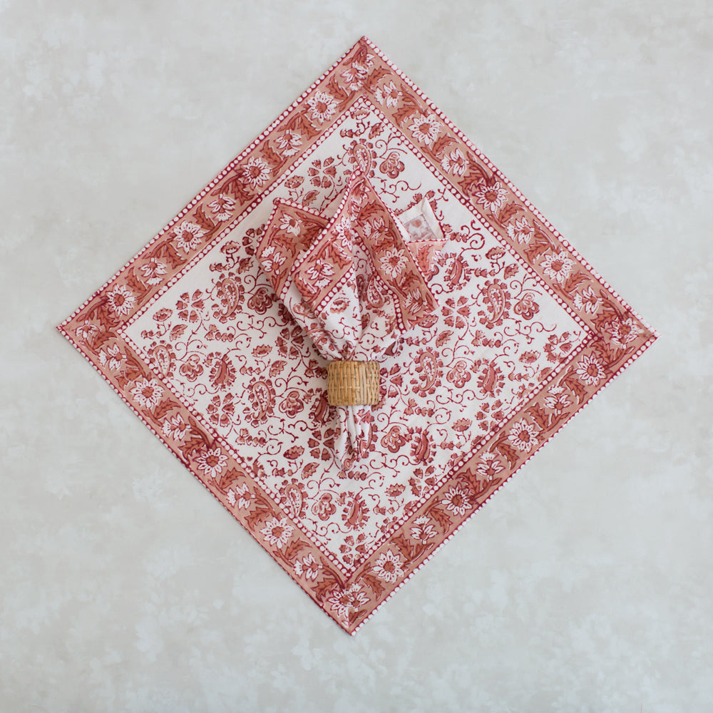 Coral Red Block Printed Cotton Napkin